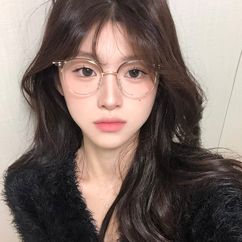 韩系玳瑁半框近视眼镜女款可配度数镜片素颜显脸小圆框超轻眼睛架
