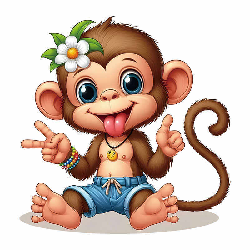 比耶调皮小猴子戴花图案贴纸童装衣服烫图装饰辅料印贴可爱背包贴