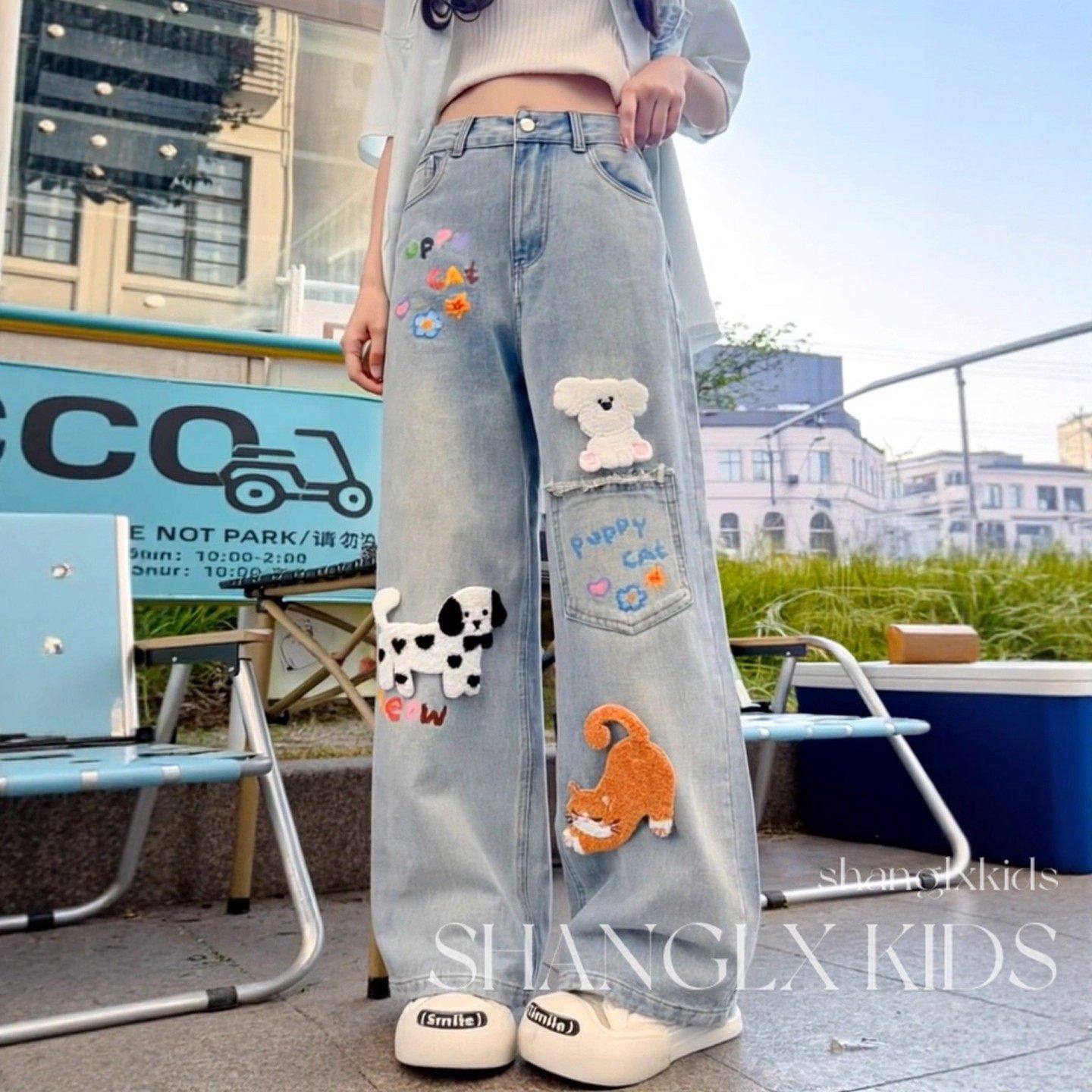 法国Uamtor女童加绒牛仔裤秋冬加厚2025新款可爱儿童初中生阔腿裤