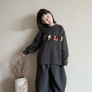 法国BADNUT女童毛衣秋冬2025新款儿童卡通圆领中大童高级感针织衫