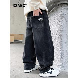 ABC男童加绒牛仔裤2025新款中大童男孩春秋小脚裤儿童一体绒裤子