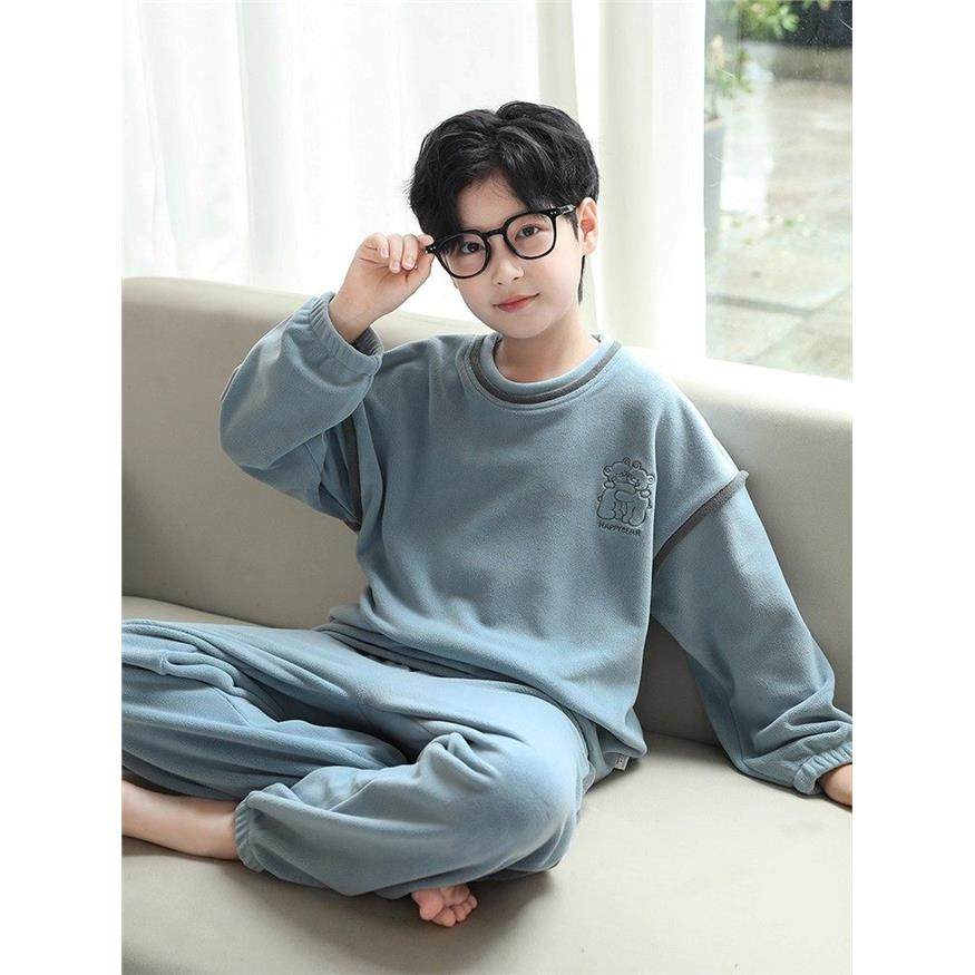 法国Uamtor男童睡衣法兰绒秋冬季保暖家居服男孩加厚外穿套装加绒