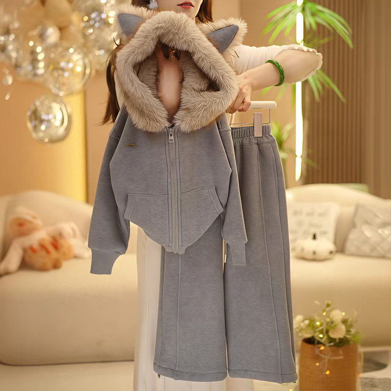 女童套装冬季2025新款儿童洋派加绒加厚外套冬装女孩一体绒阔腿裤