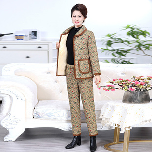 保暖防寒套装 两件套中老年女装 加绒加厚棉衣棉裤 秋冬妈妈装