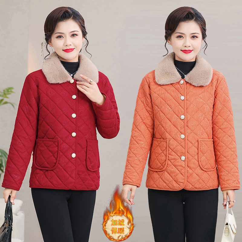 新款加绒棉服短款中老年女装保暖洋气棉衣外套妈妈装百搭加厚棉袄