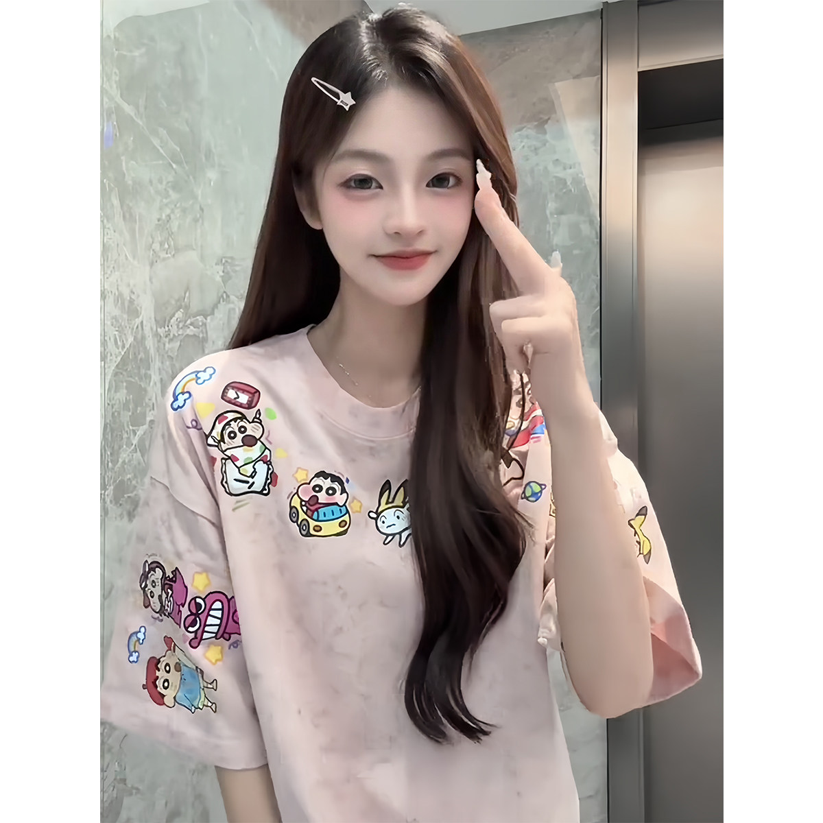 韩版卡通蜡笔小新印花纯棉短袖t恤女夏季宽松百搭扎染粉色上衣潮