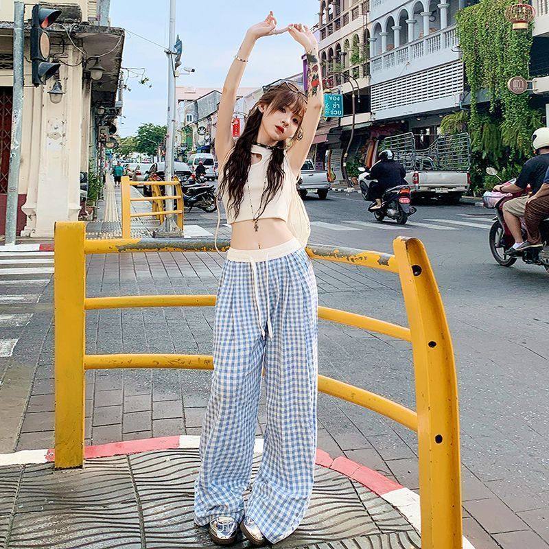 多巴胺亚麻阔腿长裤2026夏季新款宽松抽绳高腰撞色格子休闲裤女装,女装/女士精品,休闲裤,淘宝优惠券,粉丝福利购,淘宝优惠卷