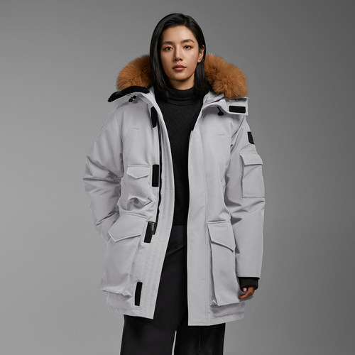 派克大衣灰鹅绒连帽防寒羽绒服女