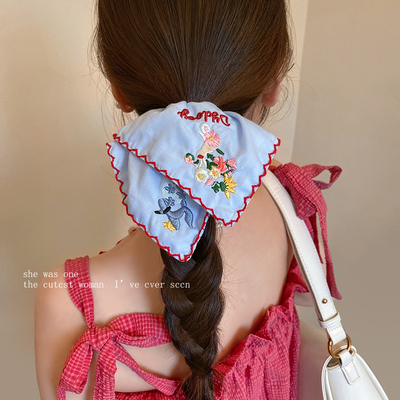 蓝色刺绣花朵方巾发圈