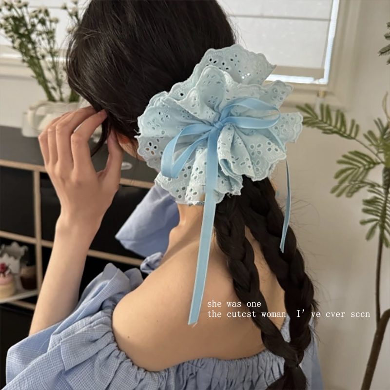 蓝色抽绳四层蕾丝花边头花发圈女韩系温柔低马尾发绳麻花辫绑头绳