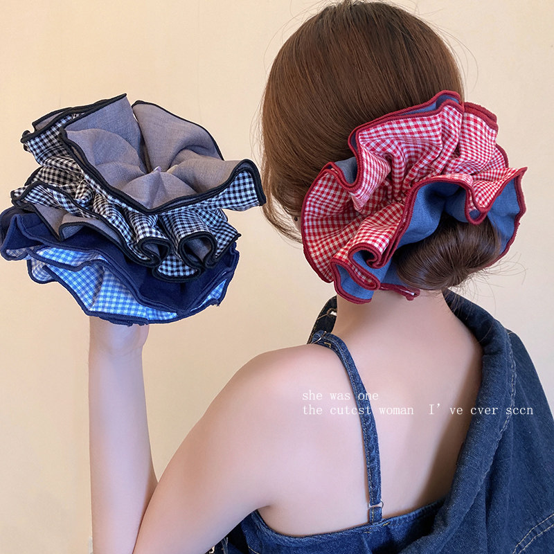 复古红色格子牛仔大肠发圈女高级感韩系气质百搭头绳丸子头发饰,饰品/流行首饰/时尚饰品新,发饰,淘宝优惠券,粉丝福利购,淘宝优惠卷