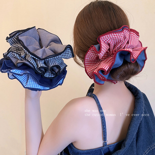 复古红色格子牛仔大肠发圈女高级感韩系气质百搭头绳丸子头发饰