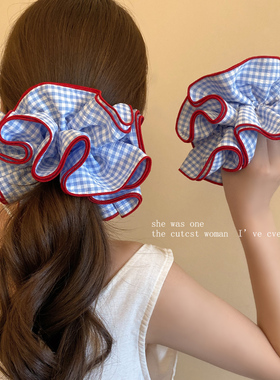 韩系复古蓝色格子大肠发圈女高级感重工头绳扎头发超大发饰丸子头
