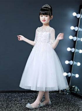 白色晚礼服女童高端公主裙蓬蓬纱花童婚礼小女孩主持人钢琴演出服