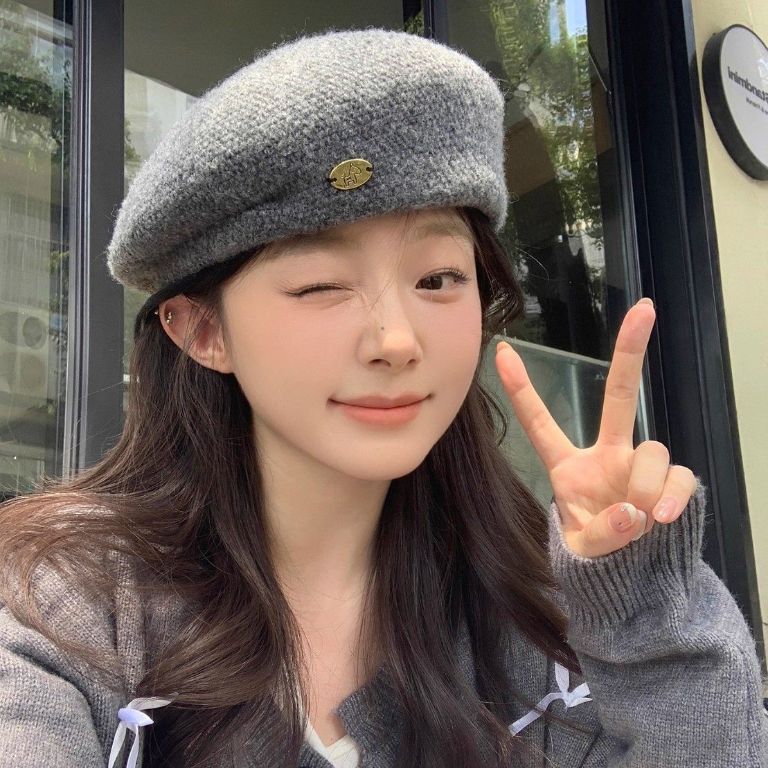 蜗牛爬爬家日系黑色贝雷帽女秋冬季显脸小百搭大头围画家帽子女款