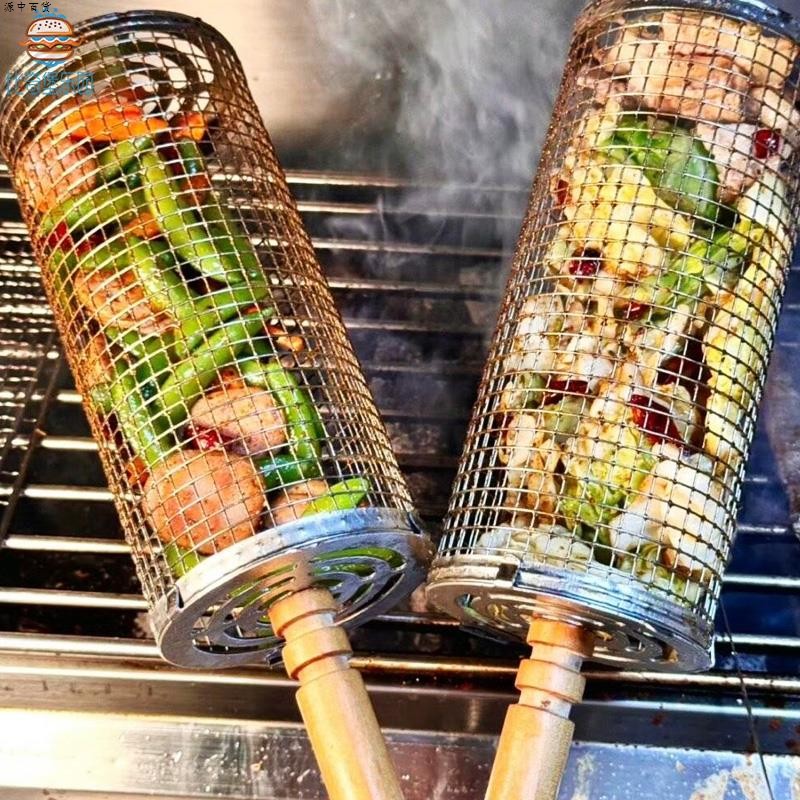 BBQ烧烤筒烧烤网烧烤烤架滚动烤篮笼圆形烟熏烤肉不锈钢