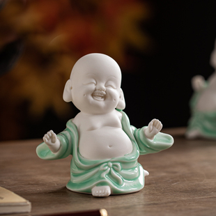 禅意开心陶瓷弥勒佛摆件招财客厅玄关白瓷笑佛小佛办公室桌面装饰