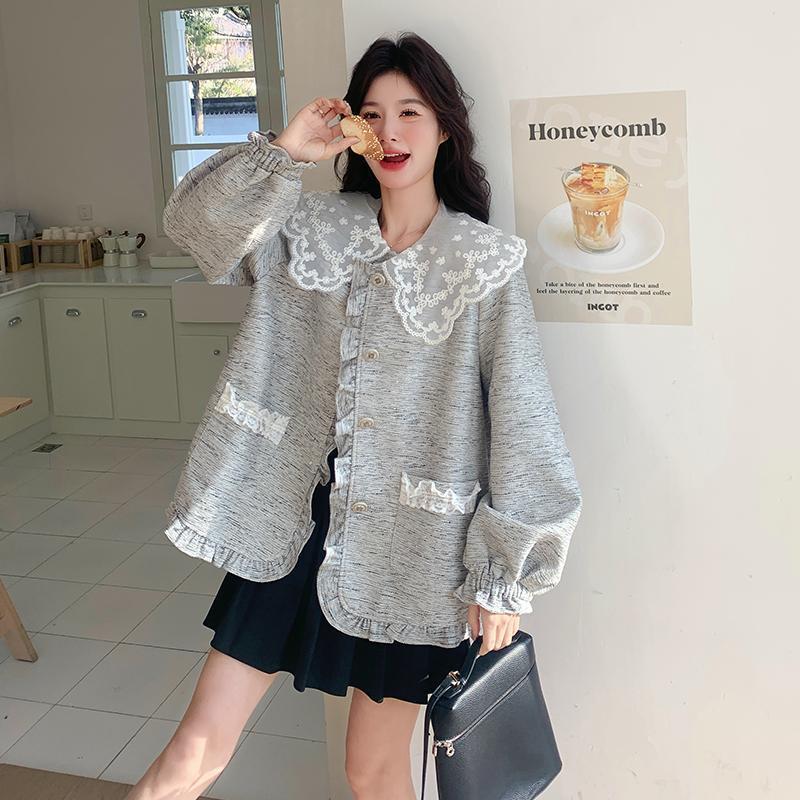 实拍蕾丝拼接灰色娃娃领外套女春季2025新款设计感超好看短款上衣