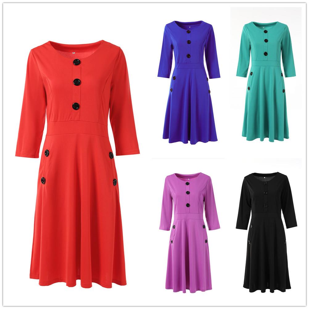 Plus A-Line Size Skirt Round Womens 3/4 Color Waist Dress