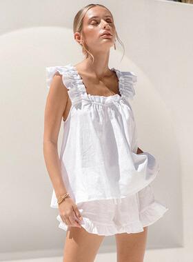 Cotton and linen womens vest with ruffles fashionable and