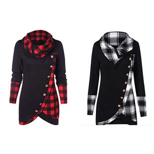 sleeved contrast coat plaid top down lapel long button