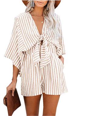 Womens slim waist striped jumpsuit with deep V flared