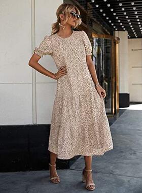waist dress sleeves dress Bohemian puff beach women pleated