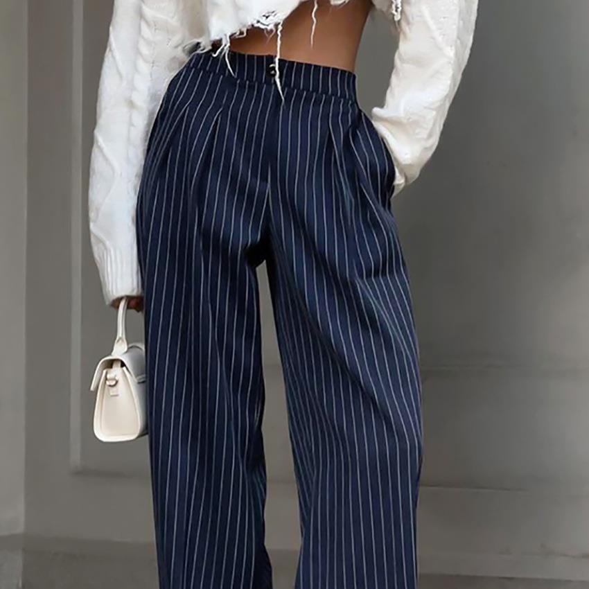 Navy blue striped wide leg pants womens casual suit drape