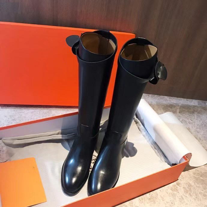 真皮h高筒骑士靴女平底不过膝长筒靴百搭直筒靴子kelly扣一脚蹬鞋