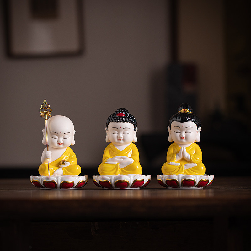 陶瓷娑婆三圣佛像摆件禅意坐莲小如来观音地藏家居客厅茶桌装饰品