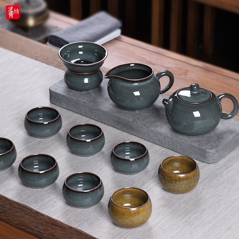青瓷功夫茶具套装家用客厅陶瓷全手工整套泡茶壶茶杯哥窑冰裂