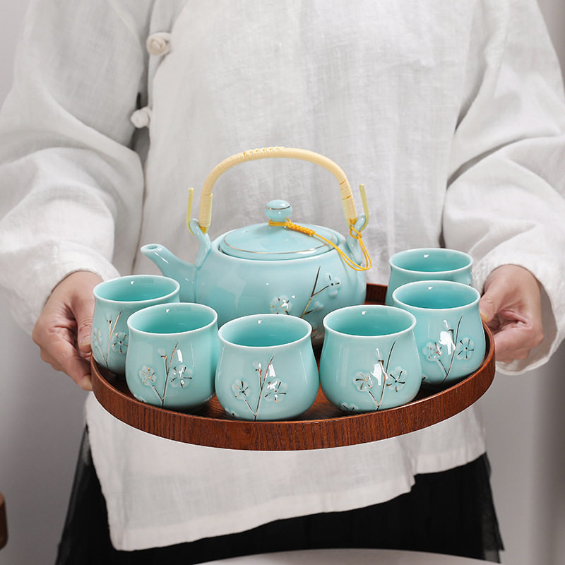 青瓷茶壶茶具套装家用陶瓷大号提梁壶带过滤简约轻奢茶杯茶盘