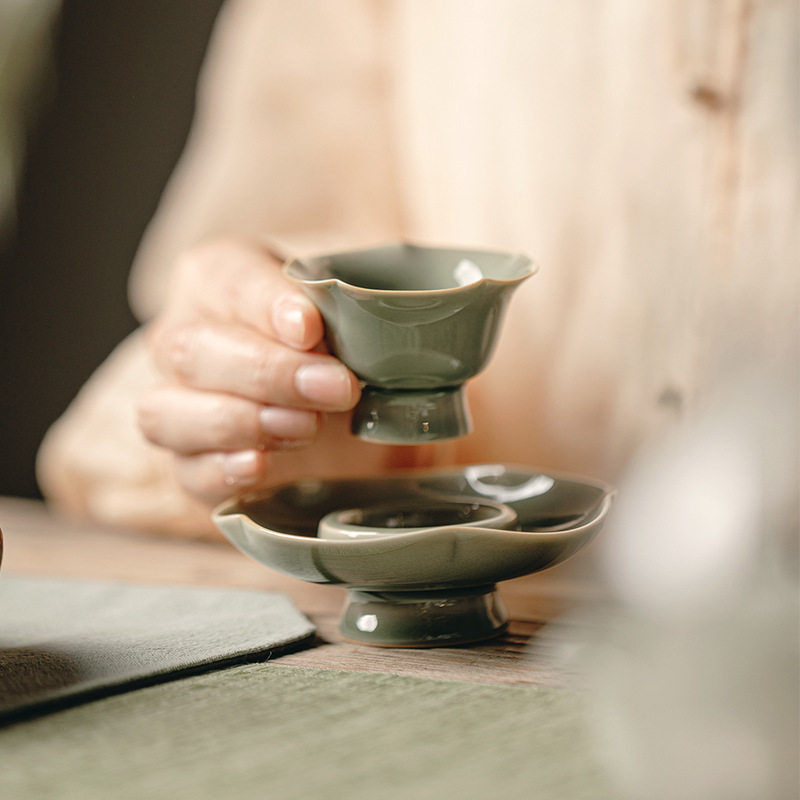 越窑青瓷高足花口杯葵花茶盏古器手工茶具茶杯文人空间茶器