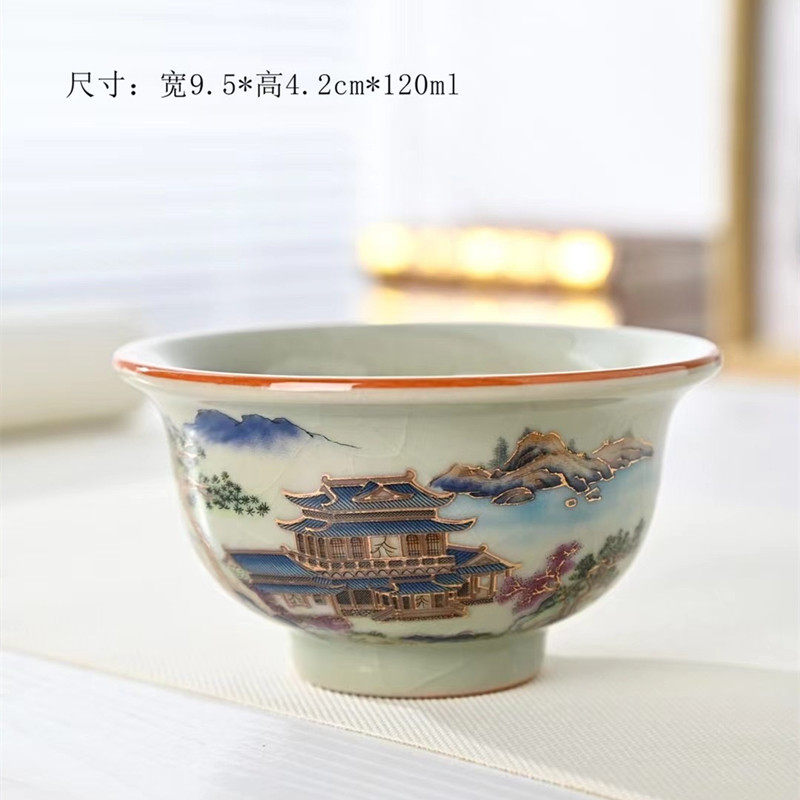 老陶泥青花瓷主人杯家用大号茗杯泡茶杯单杯冰裂开片压手杯缸杯