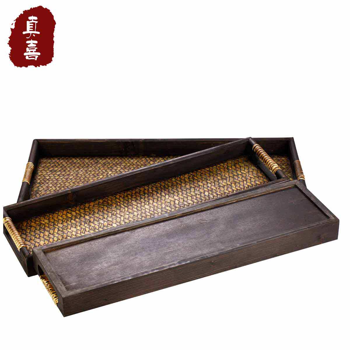平把篾底木托盘套装(1大2长)泰式家居酒吧餐厅用竹制茶盘水果盘