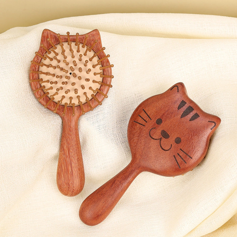 红檀香木气垫梳可爱小猫气囊梳子实木按摩梳头部经络梳女士家用梳