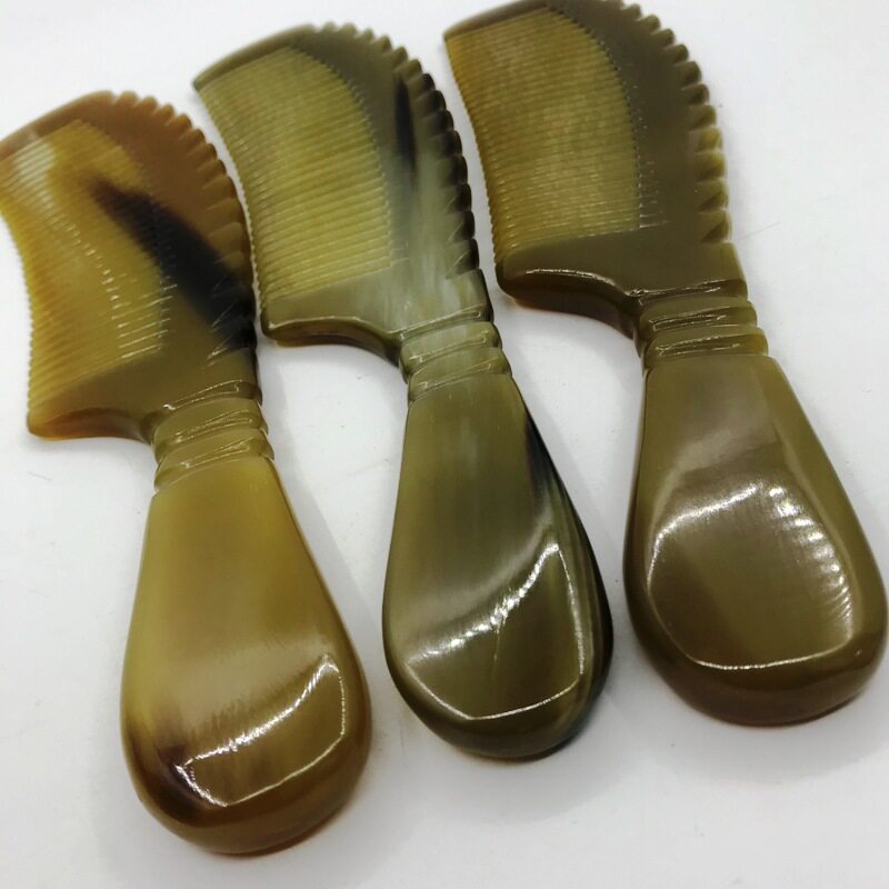 双环黄牛角加厚双环雕刻手柄圆柄密齿梳经络梳牛角梳大保健按梳