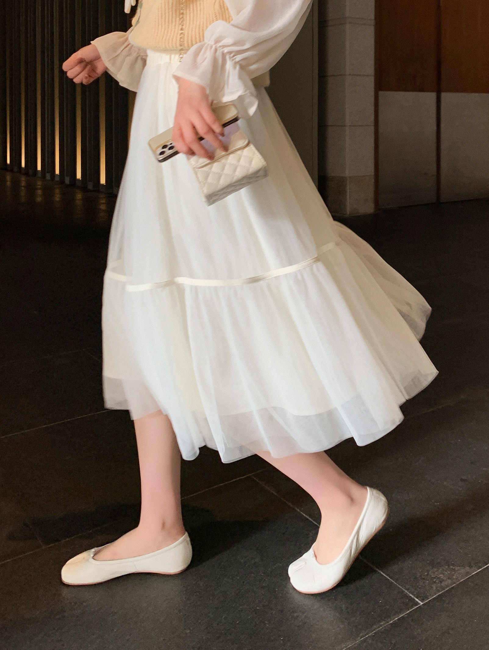 网纱半身裙2025春秋新款赫本风高腰中长款蓬蓬蛋糕裙白色仙女纱裙