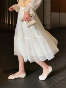 网纱半身裙2025春秋新款赫本风高腰中长款蓬蓬蛋糕裙白色仙女纱裙