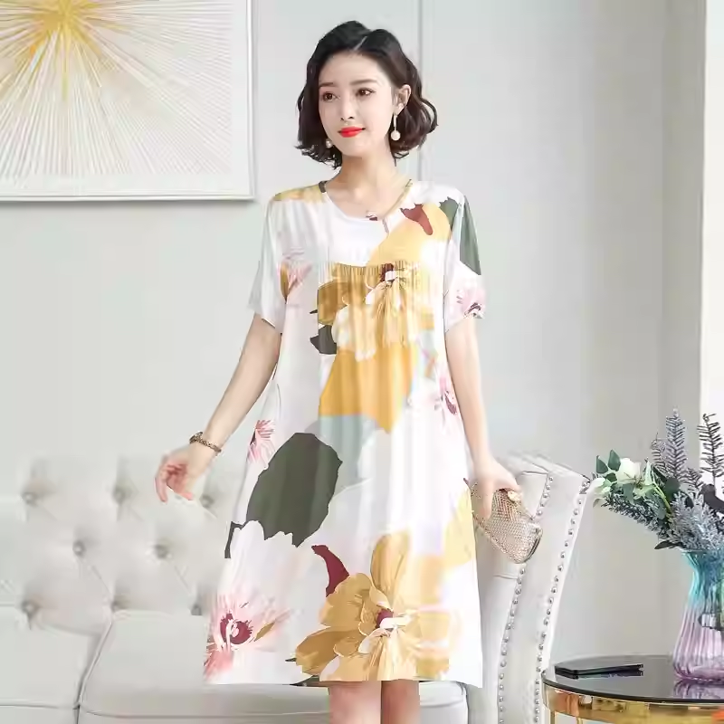棉绸睡裙女夏季薄款短袖睡衣甜美宽松人造棉大码连衣裙春秋家居服
