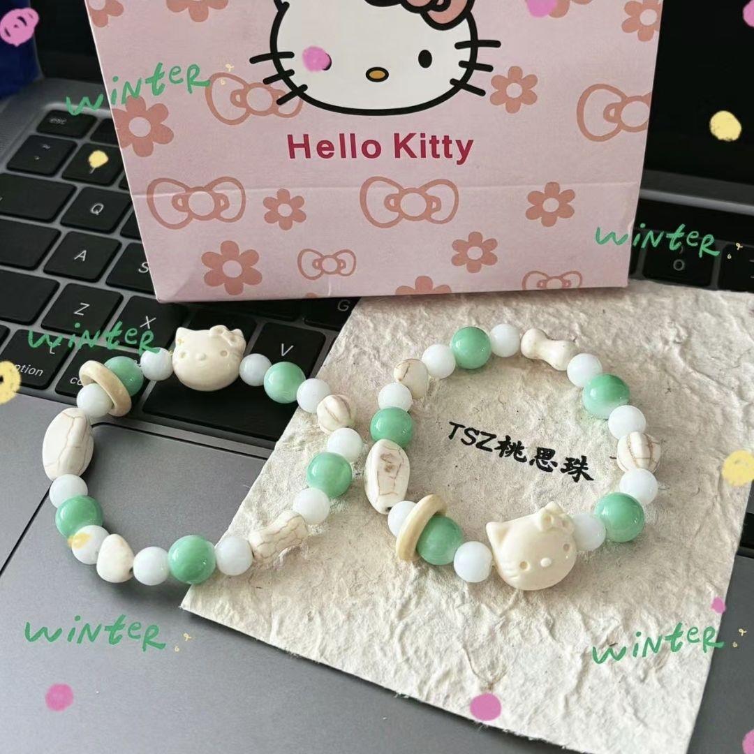 爆款景德镇甜美kt猫手链女绿色串珠小众中式气质百搭设计手串手饰