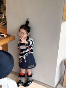 T恤卡通印花短裙套装 2026春季 条纹长袖 女童男宝韩版 新款