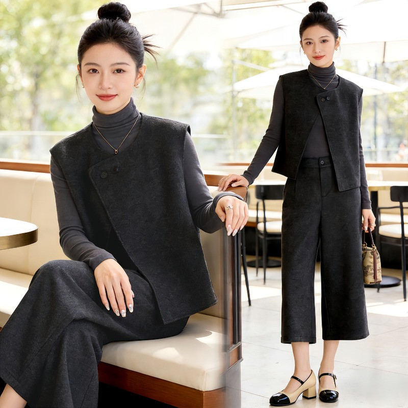 外搭马甲八分裤套装设计感毛呢马夹高腰阔腿裤女秋冬新款两件套,女装/女士精品,时尚套装,淘宝优惠券,粉丝福利购,淘宝优惠卷