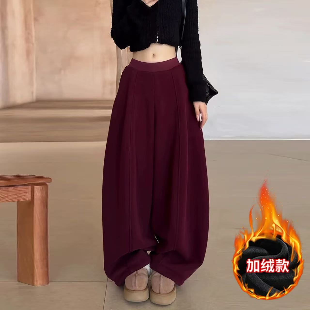 美式加绒加厚弯刀卫裤女