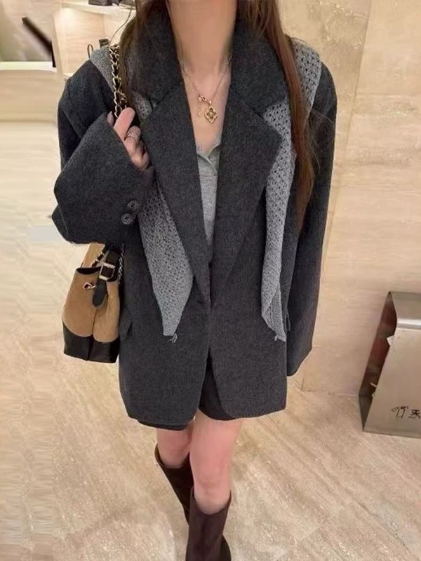 欧货加棉双排扣羊毛呢外套西装百搭加厚呢子大衣+披掮两件套上衣