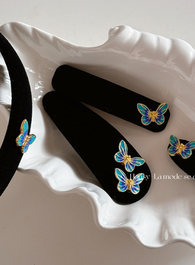 蓝色小蝴蝶复古高级感立体合金丝绒发夹刘海侧边夹BB夹鸭嘴夹发饰