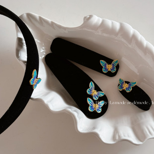 蓝色小蝴蝶复古高级感立体合金丝绒发夹刘海侧边夹BB夹鸭嘴夹发饰