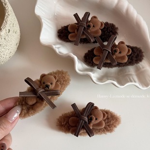 韩系秋冬毛绒发夹椭圆百搭复古蝴蝶结鸭嘴夹植绒小熊侧边发卡发饰