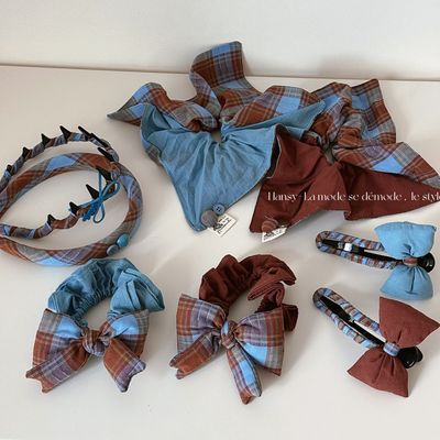 红蓝拼色格纹发圈方巾头饰高弹扎头发发饰后脑勺盘发头绳发饰新款