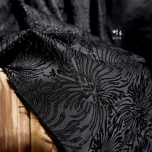 彼岸花黑色立体浮雕线条肌理提花布料手工diy西装外套设计师面料